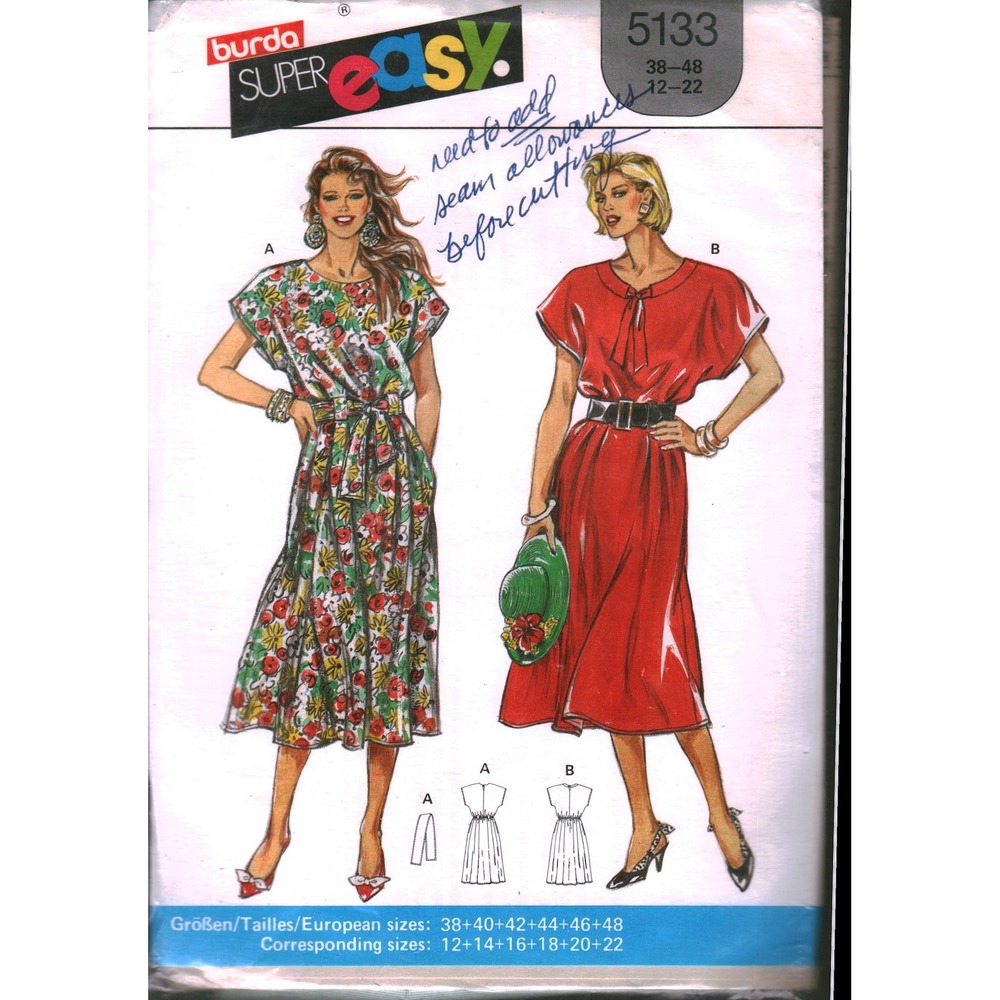 Burda 5133 Super Easy Sewing Pattern Misses Dress Belt Size 12-22 Vintage 5133